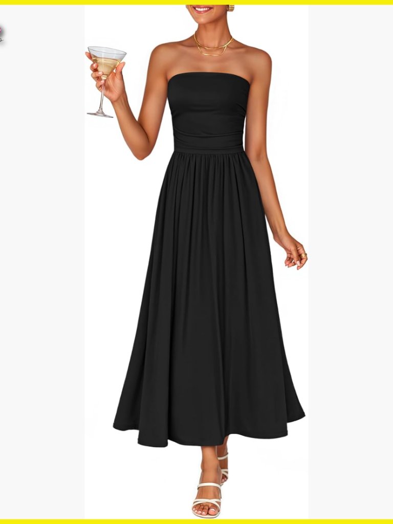 Strapless Ruched Midi Dress Elegant Flowy Wedding Guest Party Beach Chic